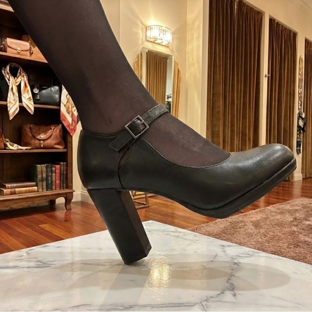 NWT Pazzle Black Mary Jane Platform Pumps Chunky Block Heel Ankle Strap 3.75" - Picture 3 of 6